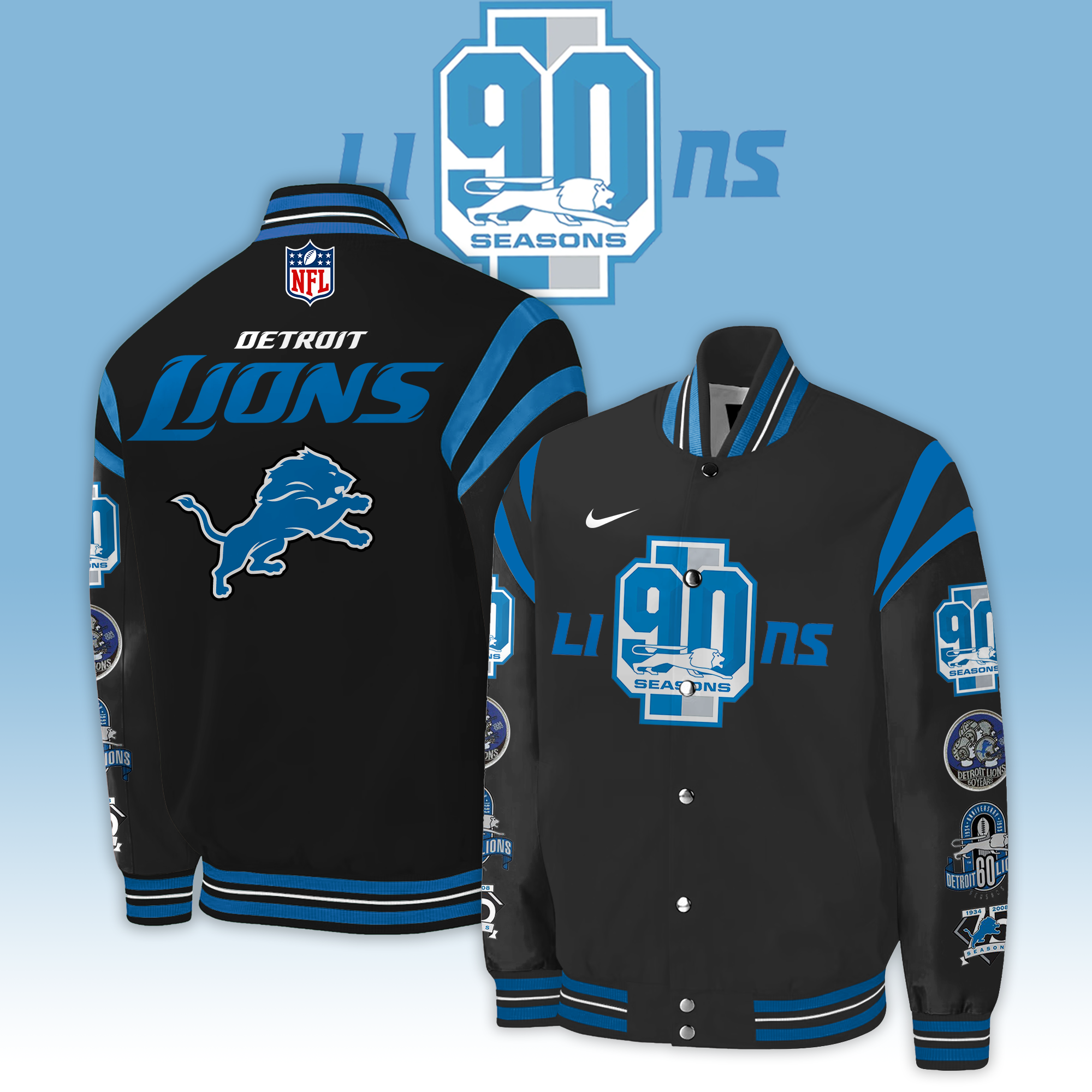 Maker of Jacket NFL Detroit Lions Light Blue and White Varsity