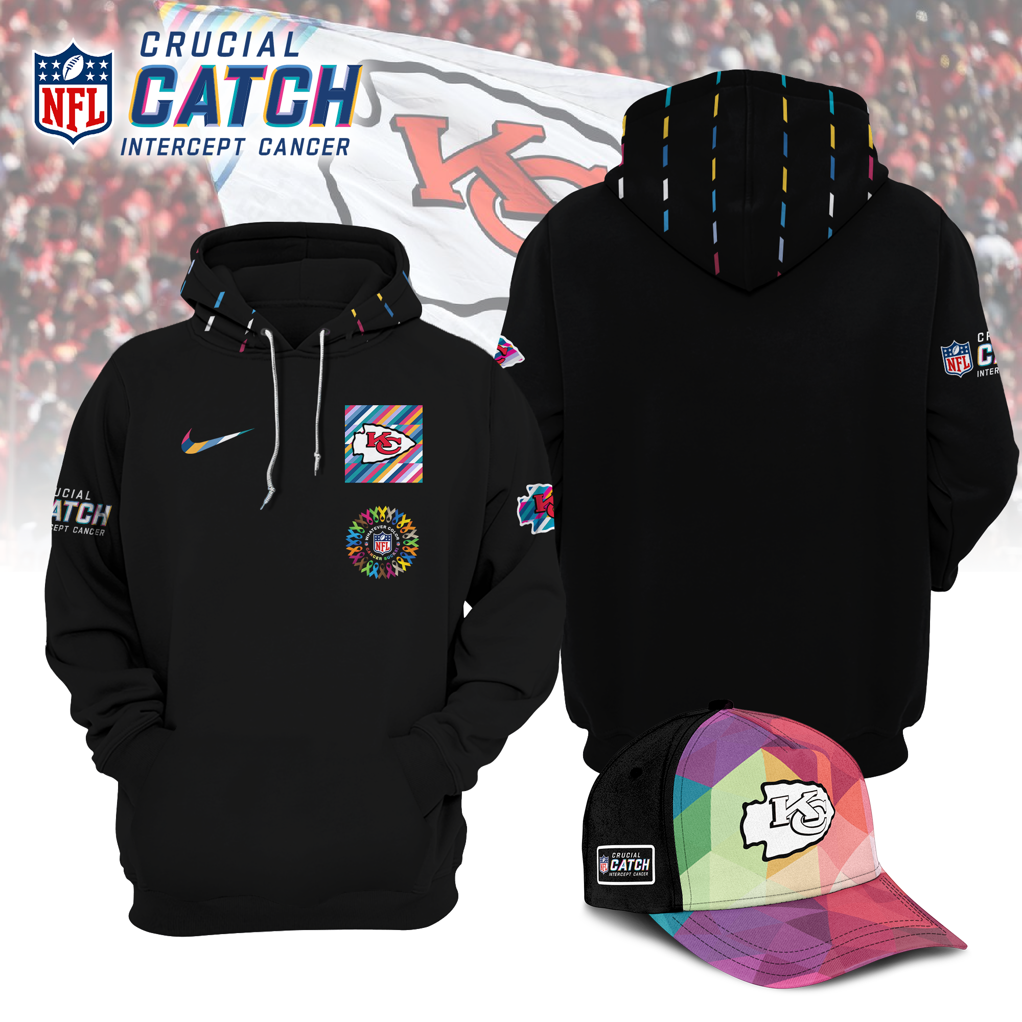 Kansas City Chiefs Nike Black 2023 NFL Crucial Catch Combo Hoodie+Joggers+ Cap - BTF Store